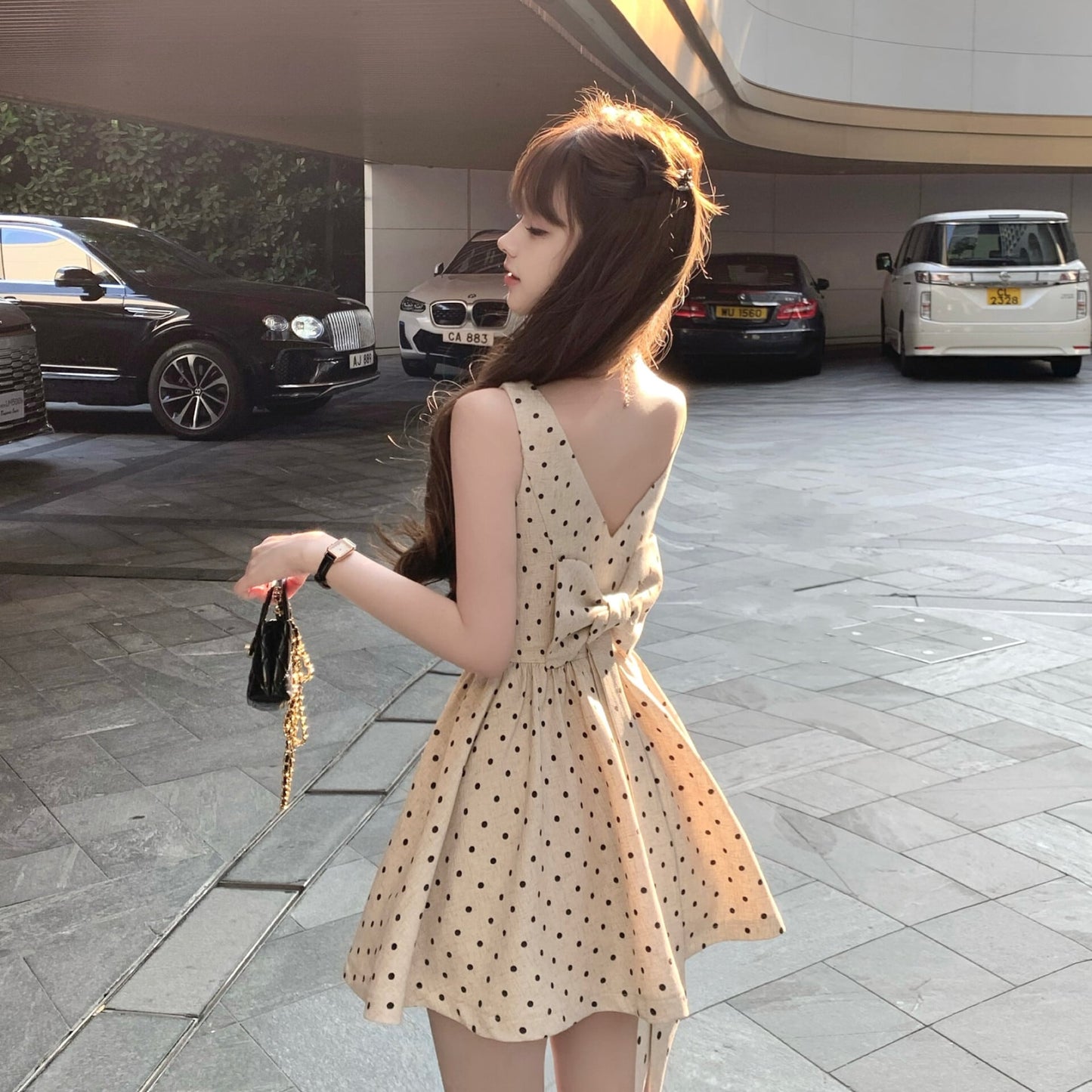 【dress】バックリボンドット柄ミニワンピース M30198