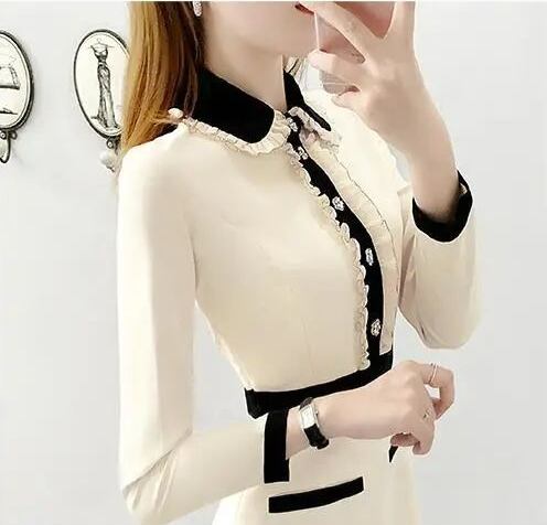 【dress】ポロカラー長袖体型カバーおしゃれ配色AラインワンピースF1339