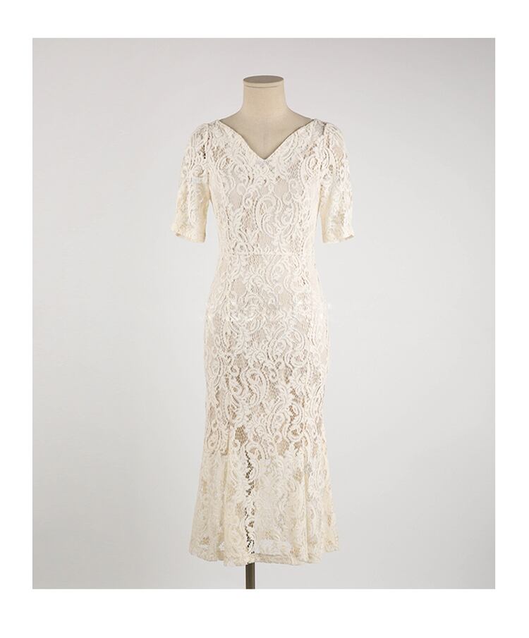 【dress】韓国ファッションVネック半袖レース体型カバー気質淑女マーメイドワンピースF0293