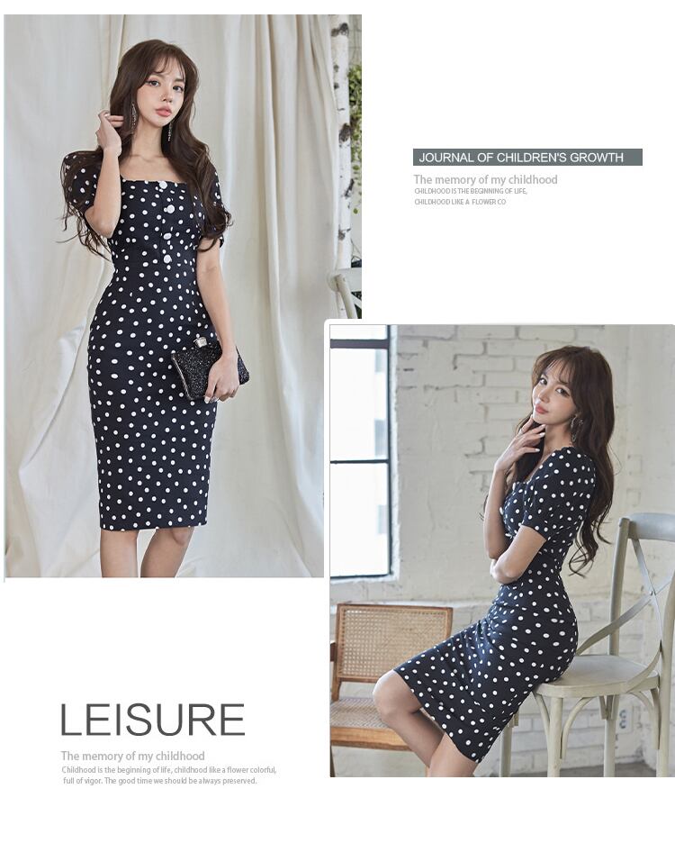 【dress】エレガント気質満点ハイウエストパフスリーブドット柄 体型カバーワンピース G0411