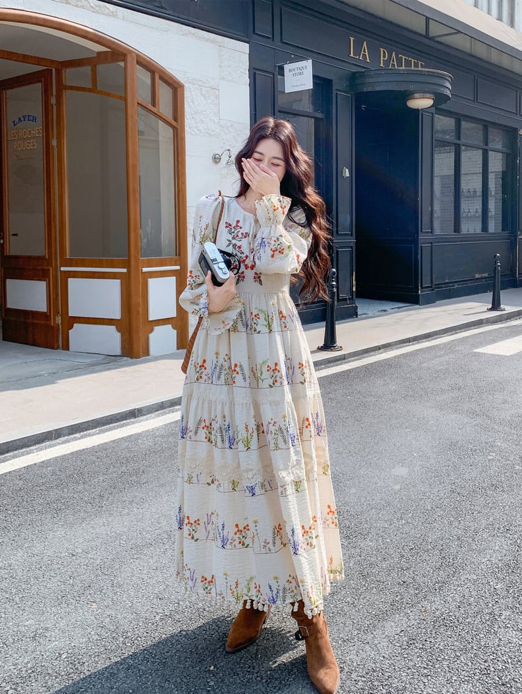 【dress】フリンジ付き花柄ロングワンピース Q8225