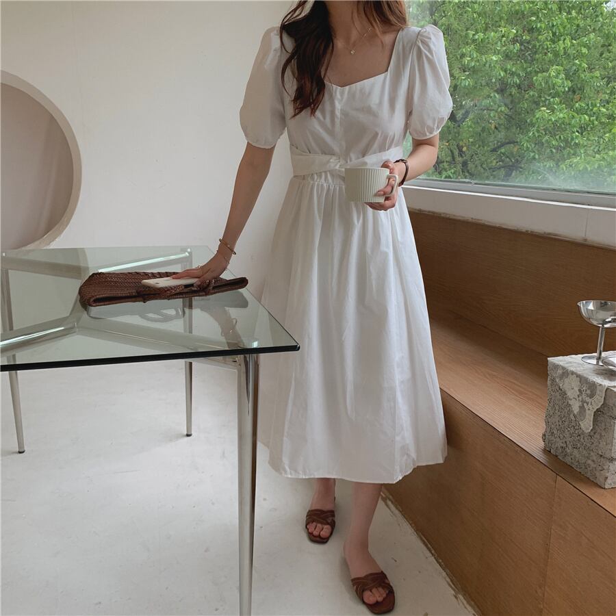 【dress】韓国風気質満点スクエアネックレトロスウィートドローストリングワンピース