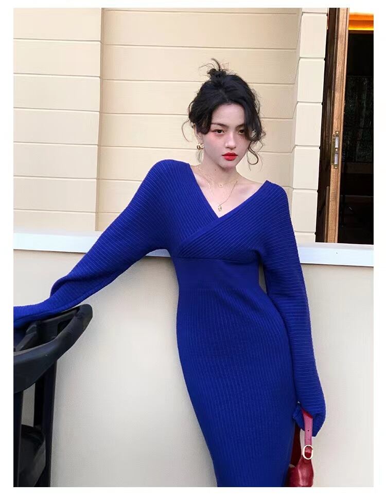 【dress】優しい雰囲気韓国風INS風Vネック長袖ウェスト絞り無地着やせニットワンピースF3383