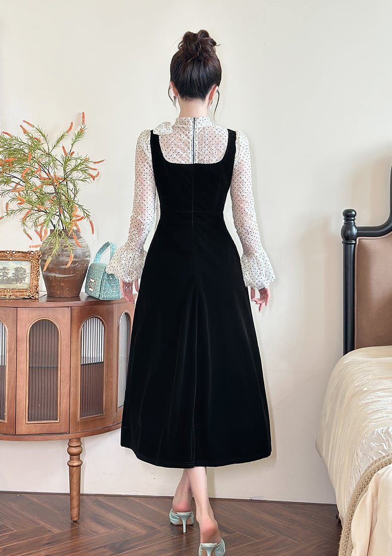 【dress】ドット柄チュールドッキングベルベットワンピース Q7365