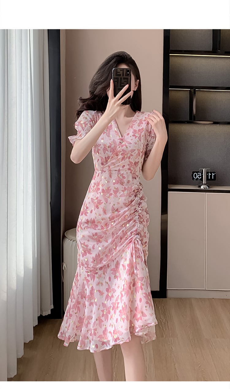 【dress】Vネック花柄マーメイドワンピースF7446