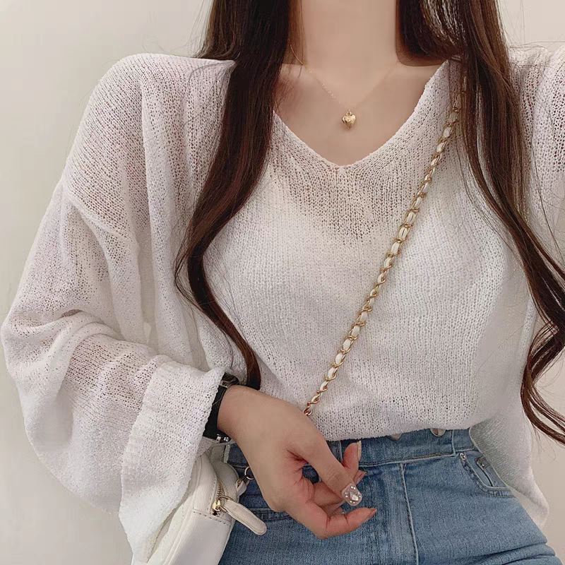 【tops】透かし彫り薄手長袖ニットトップスG23132