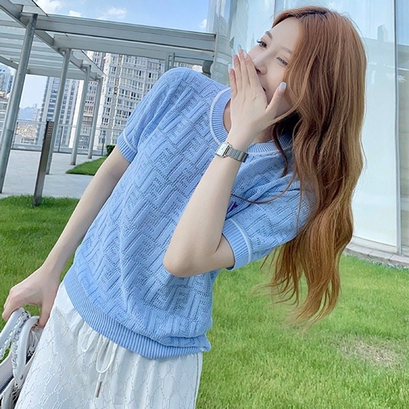 【tops】ラウンドネックニットTシャツF7638