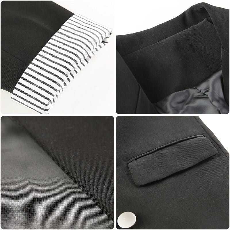 【outer】好感度満載!大きいラペル長袖ストライプ柄切り替え着回しスーツジャケットF0866