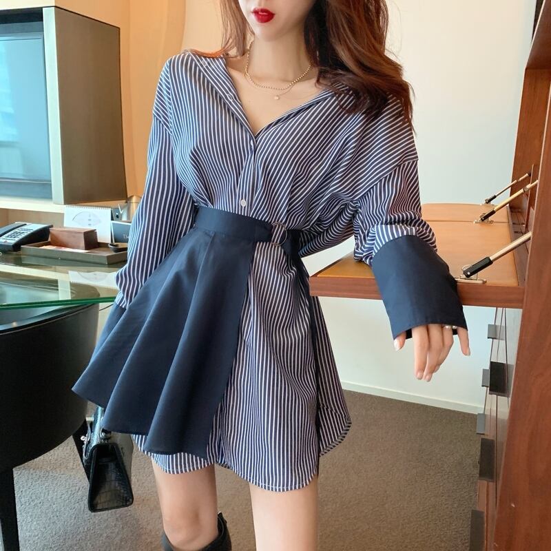 【set】ファッション気質満点個性派スカート+切り替えストライプ柄シャツワンピース2点セット G9207