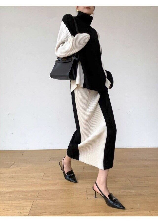 【set】ハイネックセーター+スカート配色2点セット F6295