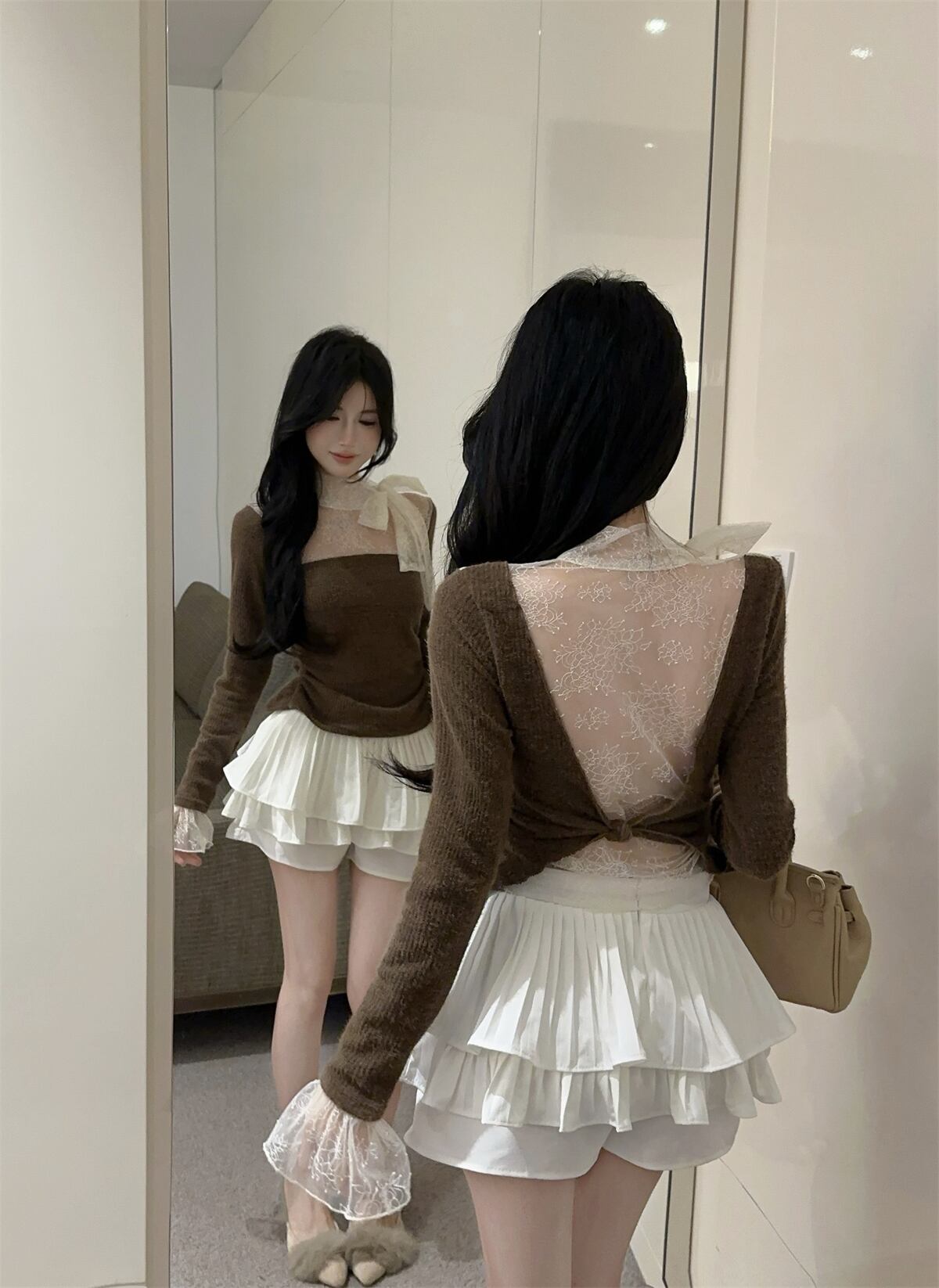 【tops】レースドッキングニットトップス N2909
