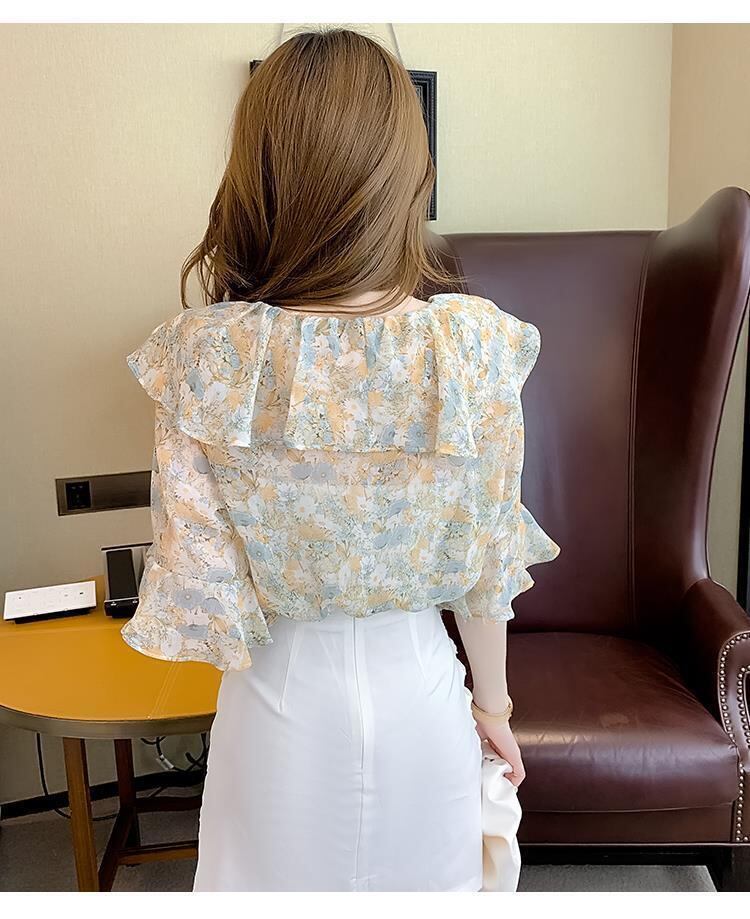 【tops】2色花柄シフォンブラウスF7408