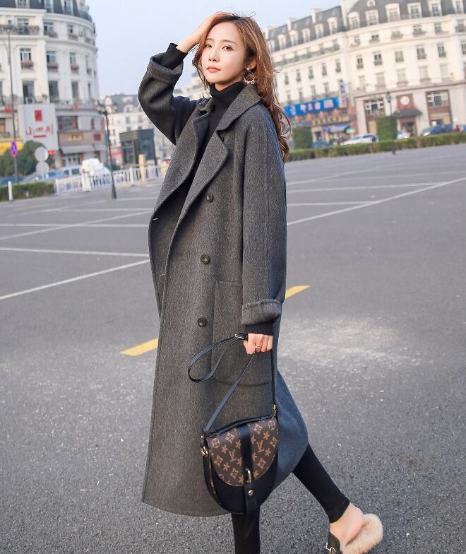 【outer】店長推薦大きいラペル長袖ダブルボタンタイプ着回し厚手秋冬ゆったりロング丈アウターコートF0894