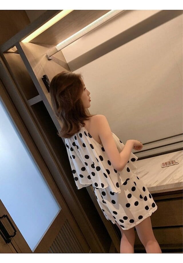 【set】ドット柄2点セットタンクトップ+ショートパンツ通勤日常セットアップF2580