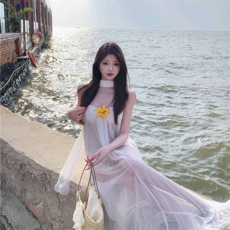 【dress】スカーフ付きシアーチュールチューブワンピース Q8511