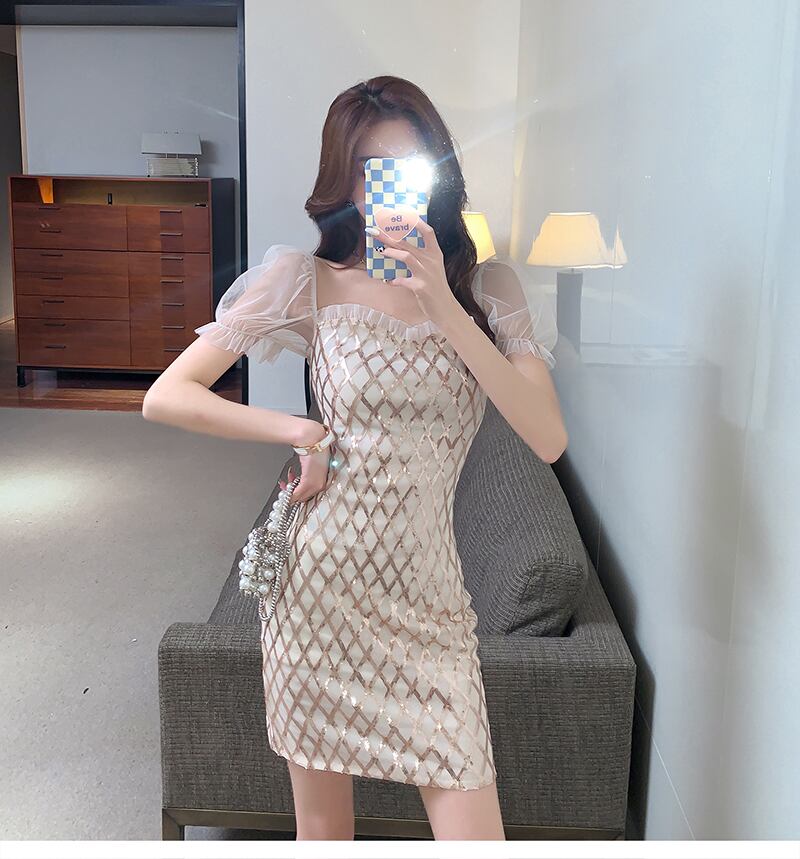 【dress】フランス風気質満点夏高級感メッシュパフスリーブ体型カバータイトワンピース G7866