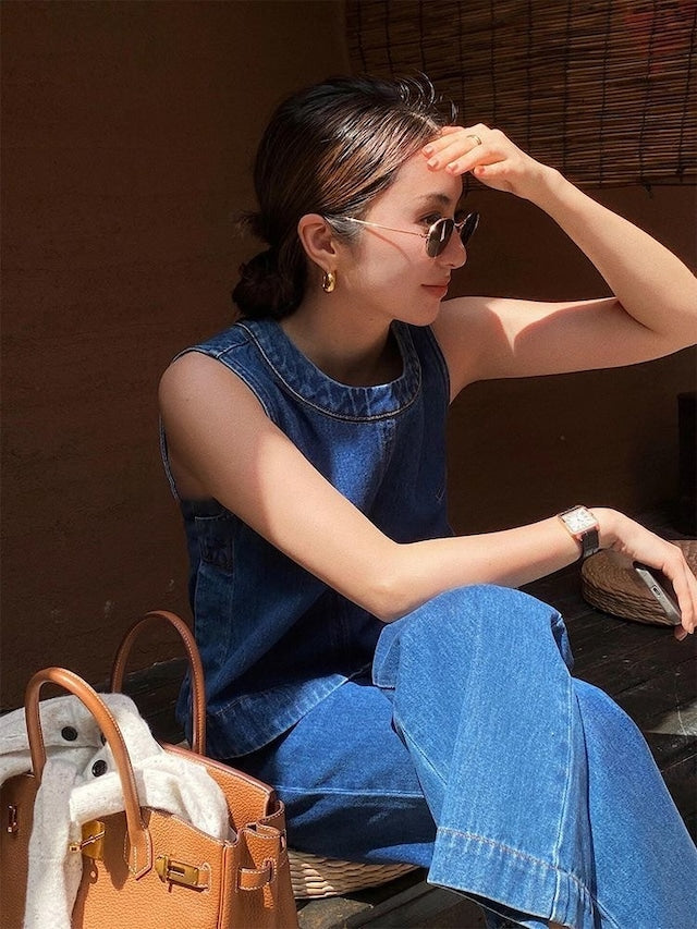 【set】ノースリーブタンクトップ+フレアパンツデニム2点セット F7577