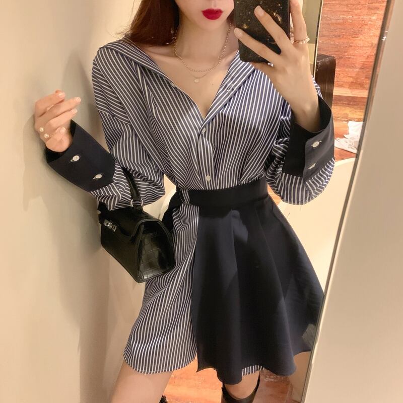 【set】ファッション気質満点個性派スカート+切り替えストライプ柄シャツワンピース2点セット G9207