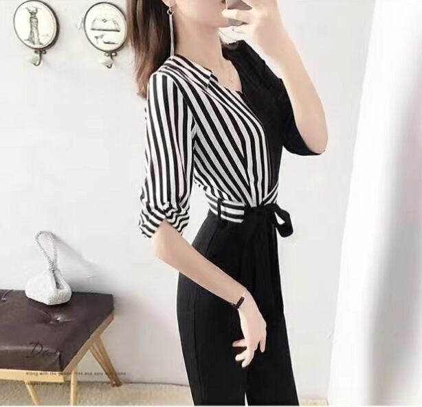 【set】OL通勤Vネック半袖ストライプ柄切り替え人気スティックパンツオールインワンF2050