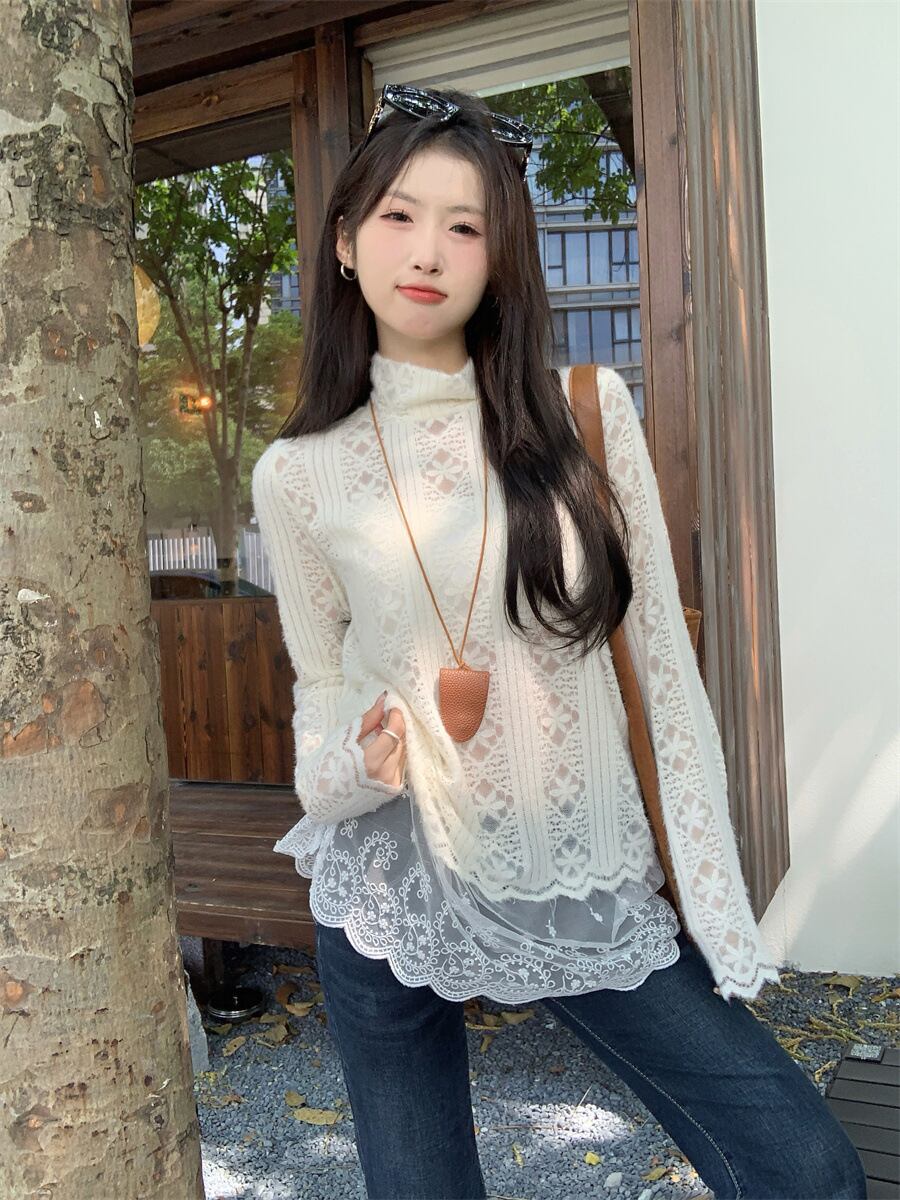 【tops】レース切り替ニットトップス M27202