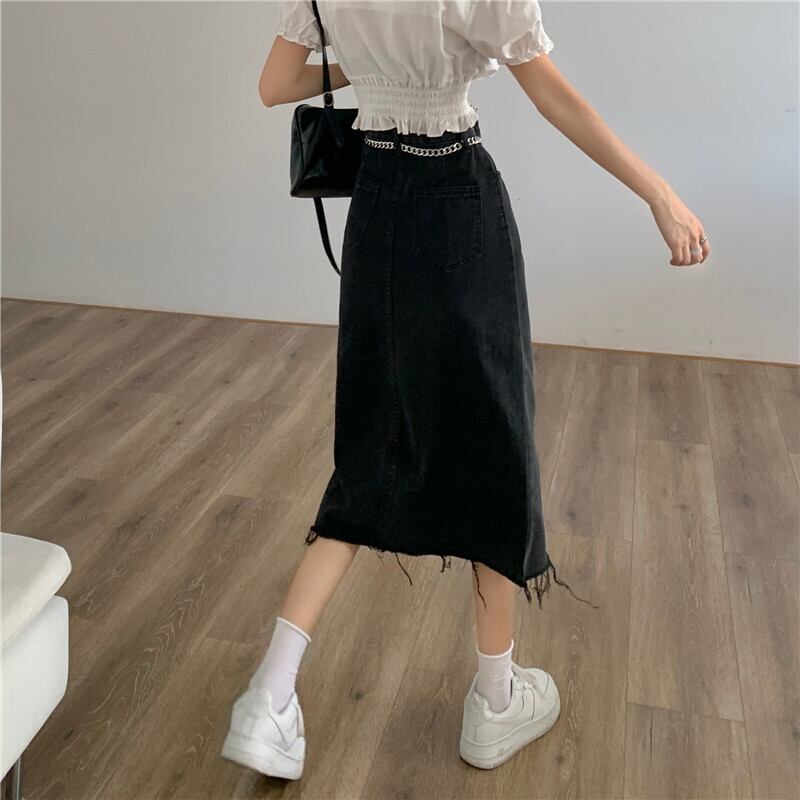 【bottoms】清新気質アップ!ハイウエスト大きいサイズ夏スリットAラインデニムスカート G8086