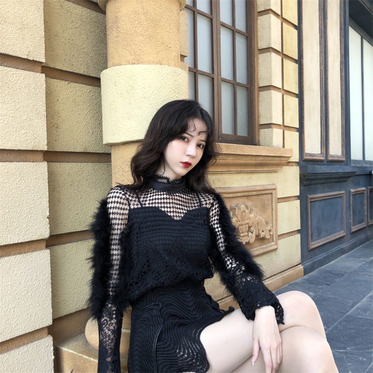 【set】透かし彫りトップス+キュロットスカートセットF8138