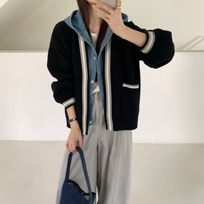 【outer】フェイクレイヤードニットカーディガン Q7204