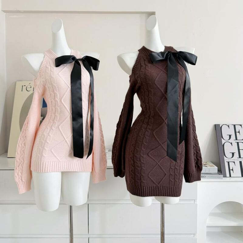 【dress】リボン付きオフショルニットワンピース Q7182