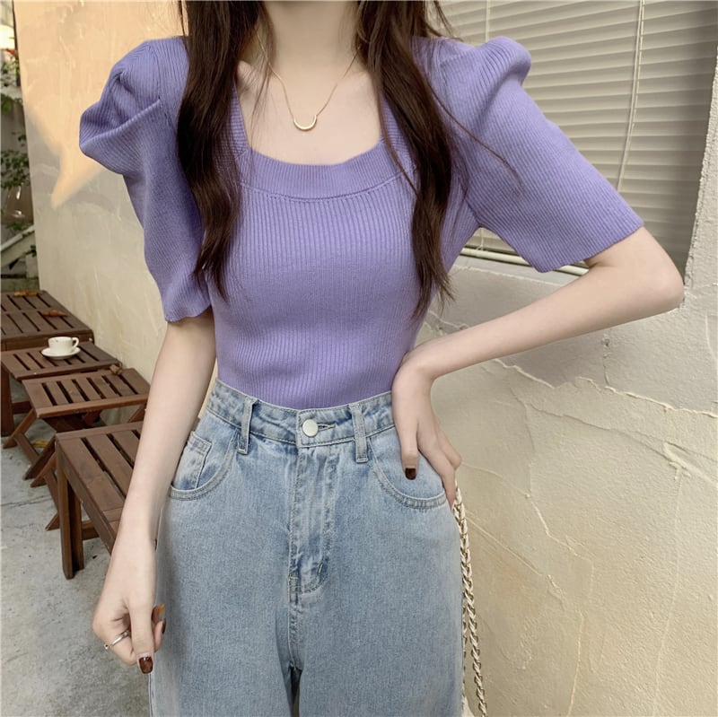 【tops】半袖パフ袖ニットTシャツF7510