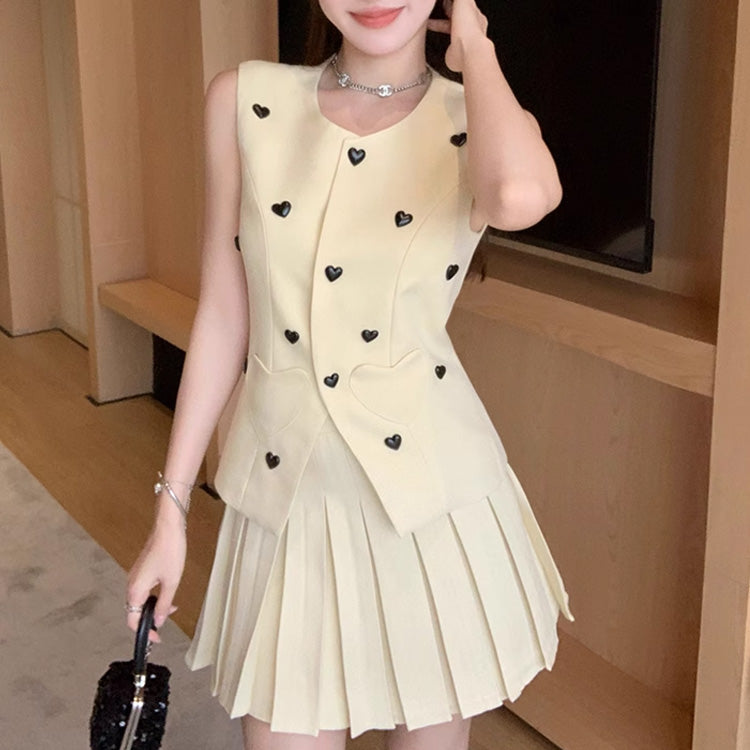 【set】ハート柄ベスト+プリーツスカート2点セットF7781