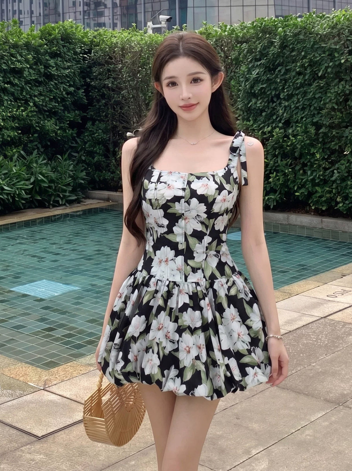 【dress】フラワー柄バルーンワンピース Q8915