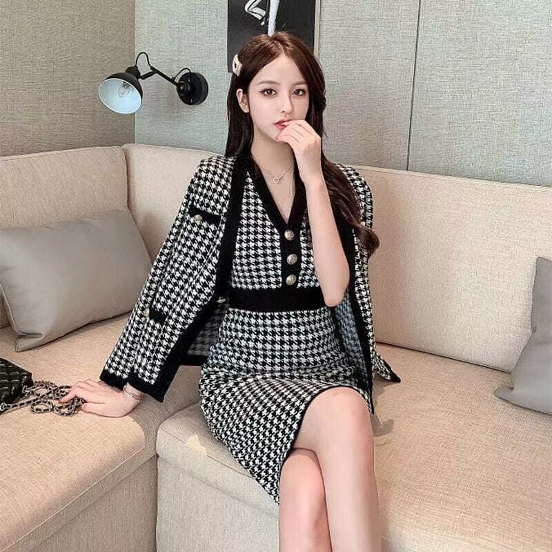 【set】店長推薦2色Vネック長袖カーディガン+千鳥格子ノースリーブワンピース通勤日常ニット2点セットF1518