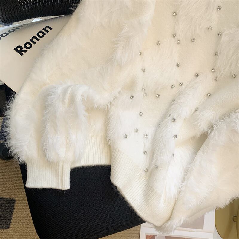 【tops】ラインストーンジオメトリック柄ニットセーターF6584