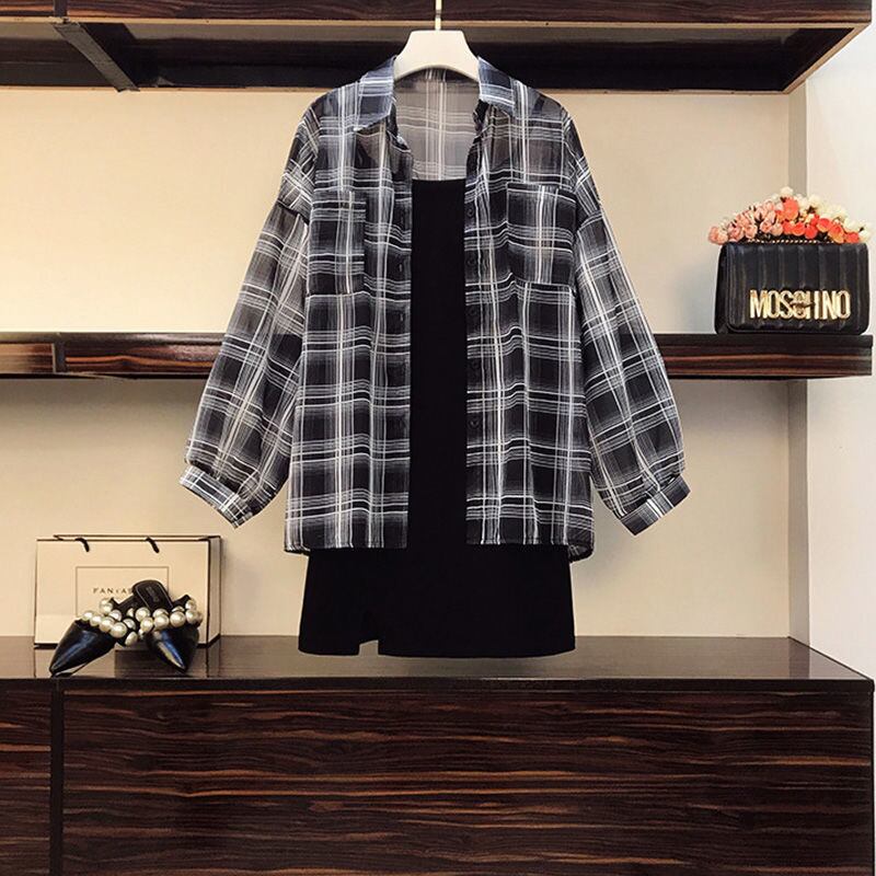 【set】人気item!チェック柄紫外線対策シャツ+着痩せキャミワンピース2点セットF0115