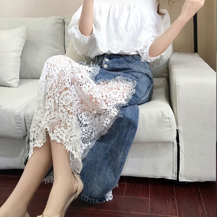 【set】好感度UP無地オフネックブラウス+レースデニム切り替えスカートおしゃれセットアップ