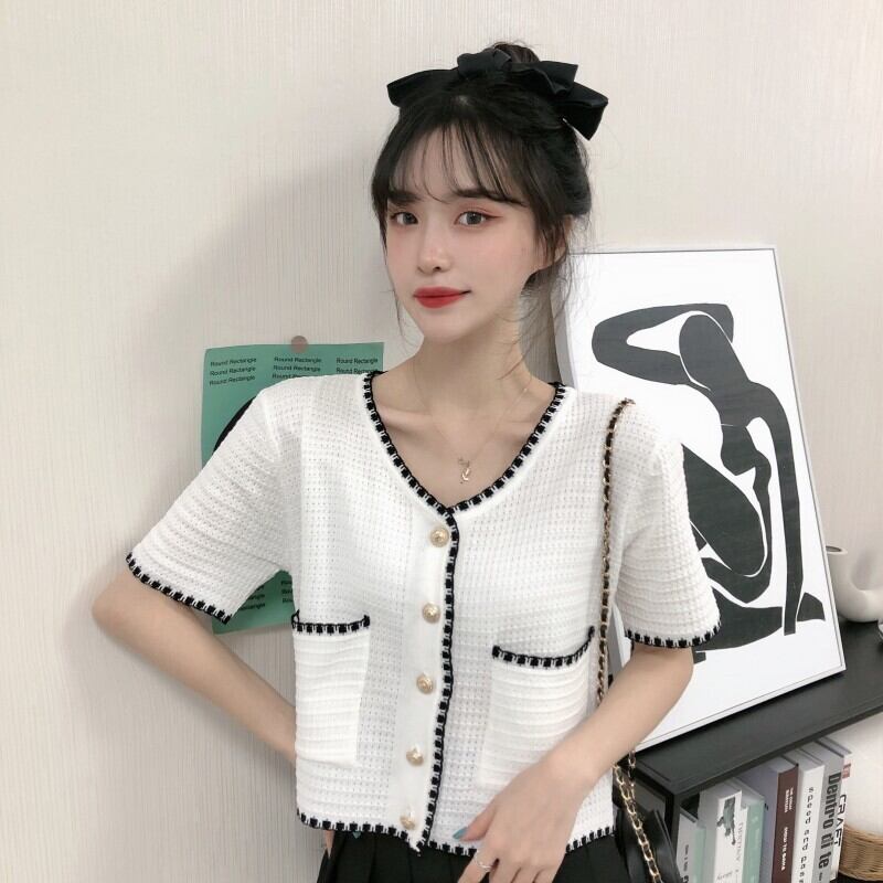 【outer】美人度アップVネック半袖配色ファッション着回し薄手ニットカーディガン