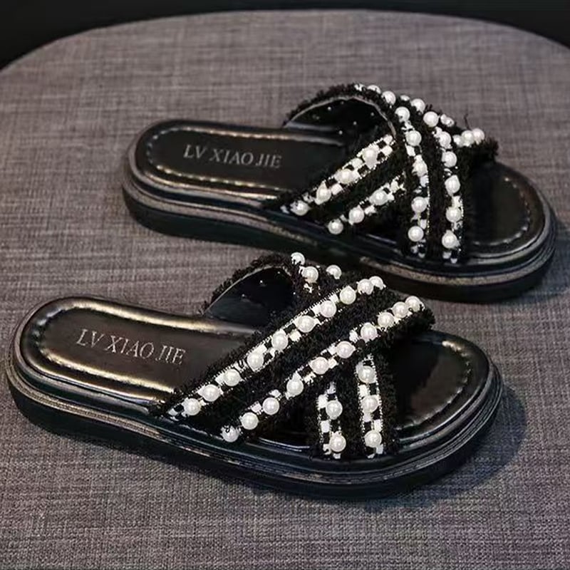 【Shoes】パール付きサンダル Q8427