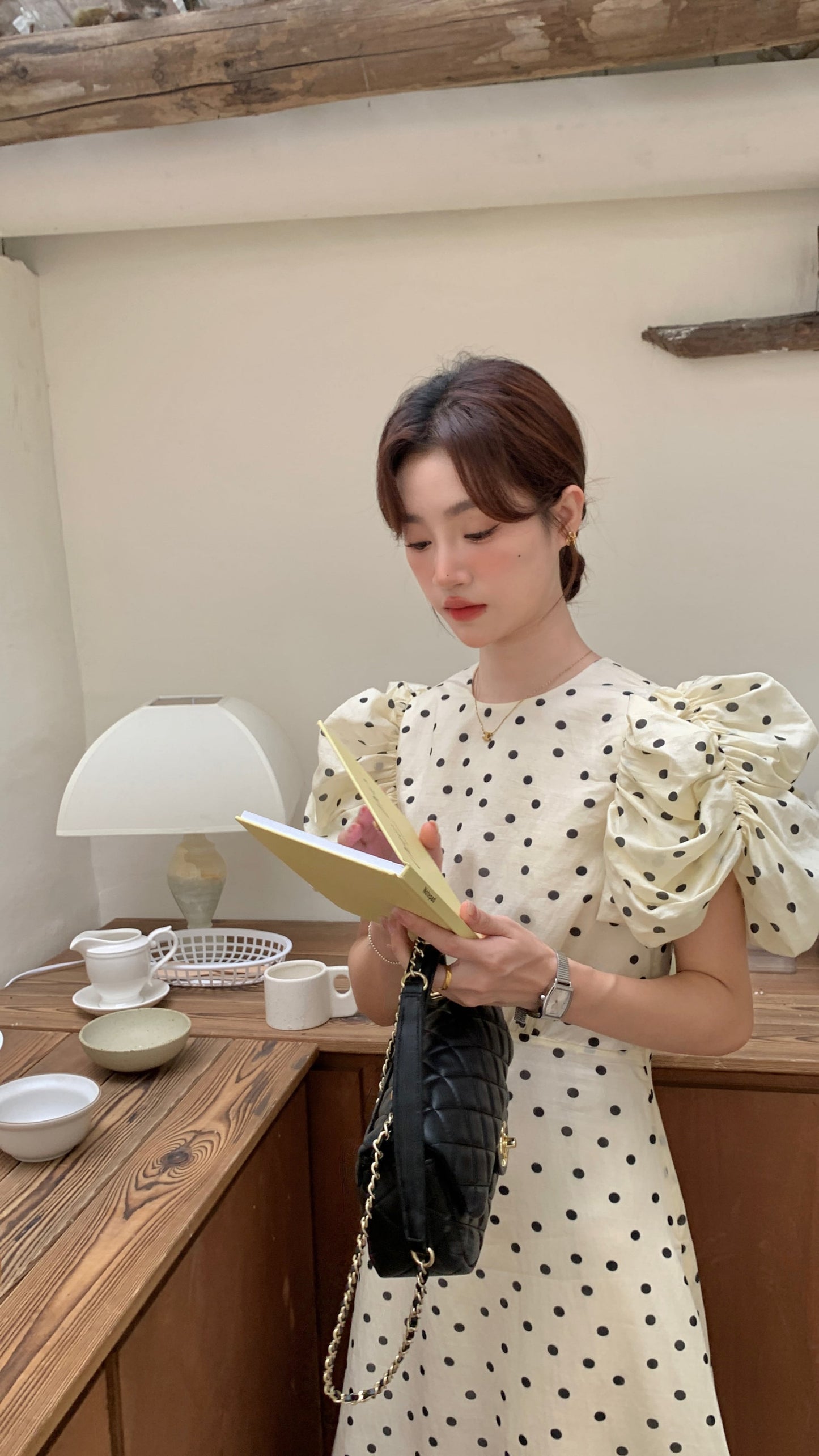 【dress】半袖パフ袖ドット柄ワンピースF7409