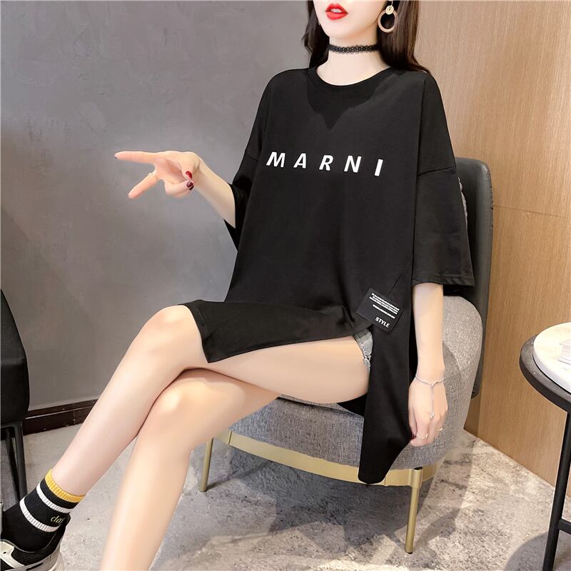 【tops】ラウンドネック半袖大きいサイズゆったりスリットTシャツF0074