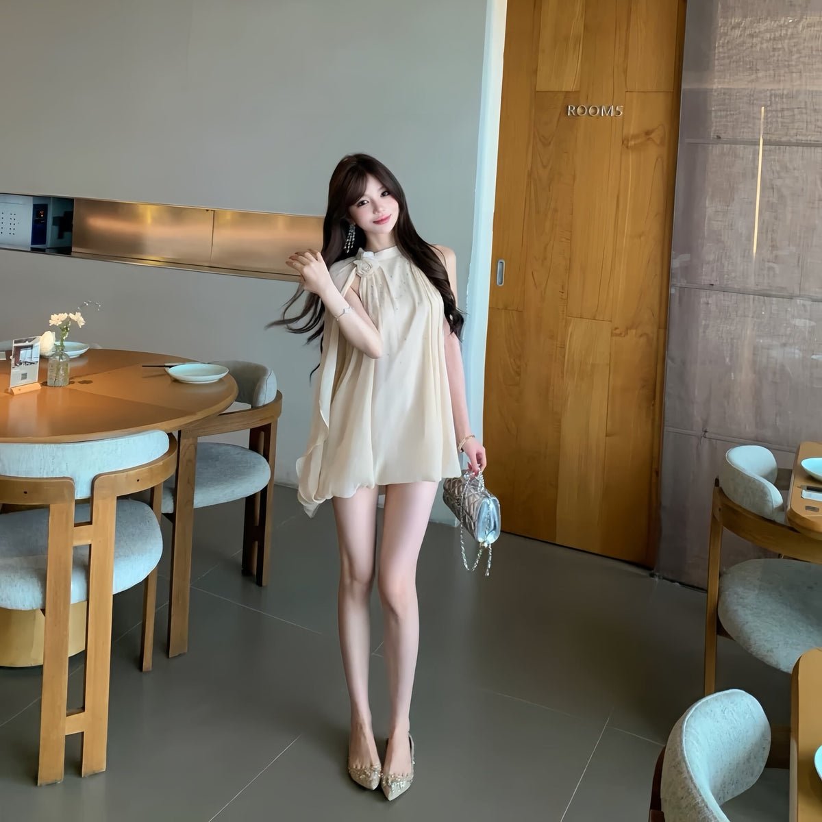 【dress】ラインストーン付きシフォンミニワンピース Q8345