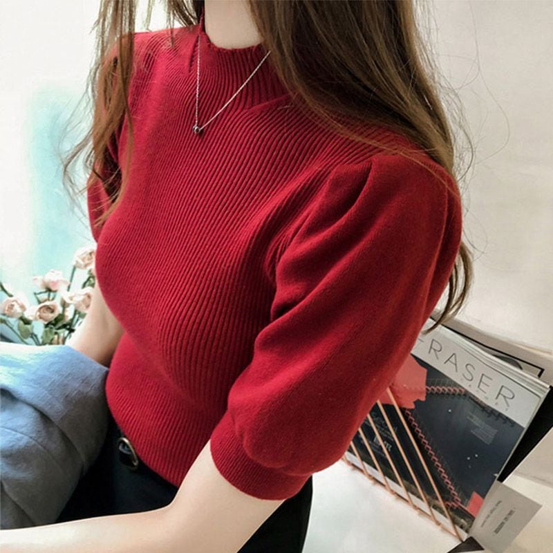 【tops】気質溢れる♪ハーフネック半袖ファッション無地着回し着やせニット