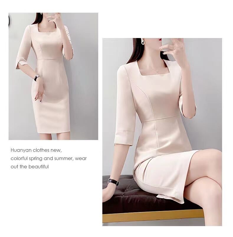 【dress】今季大好評夏新作OL通勤スクエアネック5分袖無地着やせタイトワンピースF2623