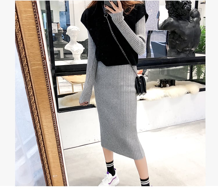 【set】秋冬新作好感度UP!気質満点ファッションベスト+ニットワンピース2点セット G3606