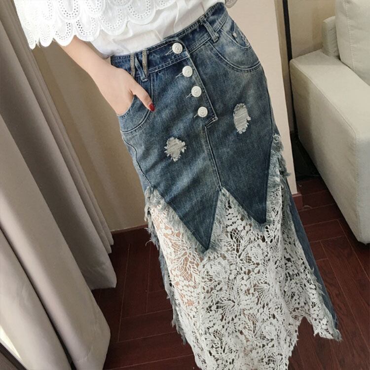 【set】好感度UP無地オフネックブラウス+レースデニム切り替えスカートおしゃれセットアップ