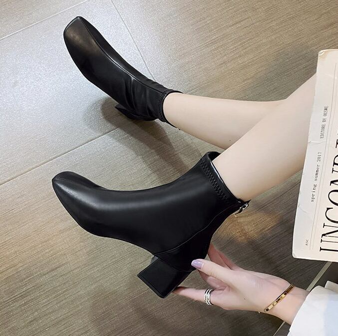 【shoes】ジッパー付きチャンキーヒールブーツF3431