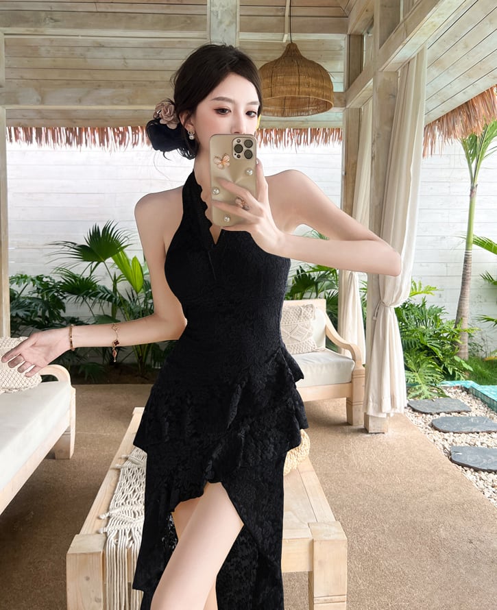 【dress】ホルターネックイレヘムレースワンピース Q8414