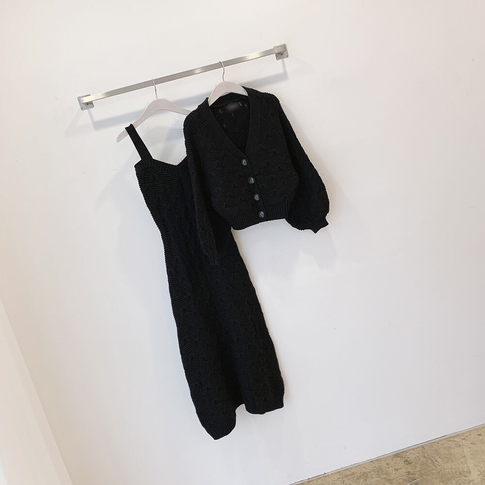 【set】無地カーディガン+美シルエットスキャミワンピース通勤日常ニット2点セットF0652