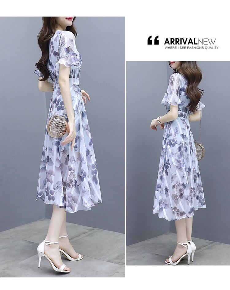 【dress】一目惚れ!Vネックフレアスリーブギャザー花柄ワンピースF0298