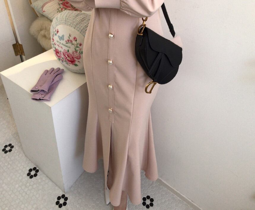 【dress】エレガント気質満点レトロハイウエスト着痩せ マーメイドワンピース G1404