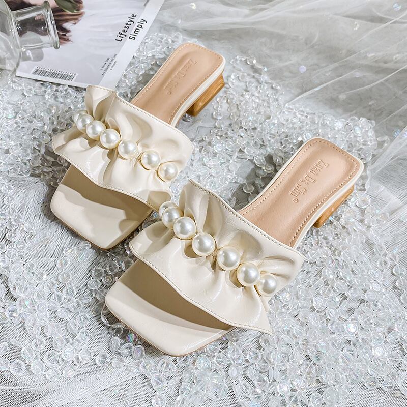 【shoes】美人度アップ3色スクエアトゥ履きやすい合わせやすいビーズ飾りスリッパサンダルF2754